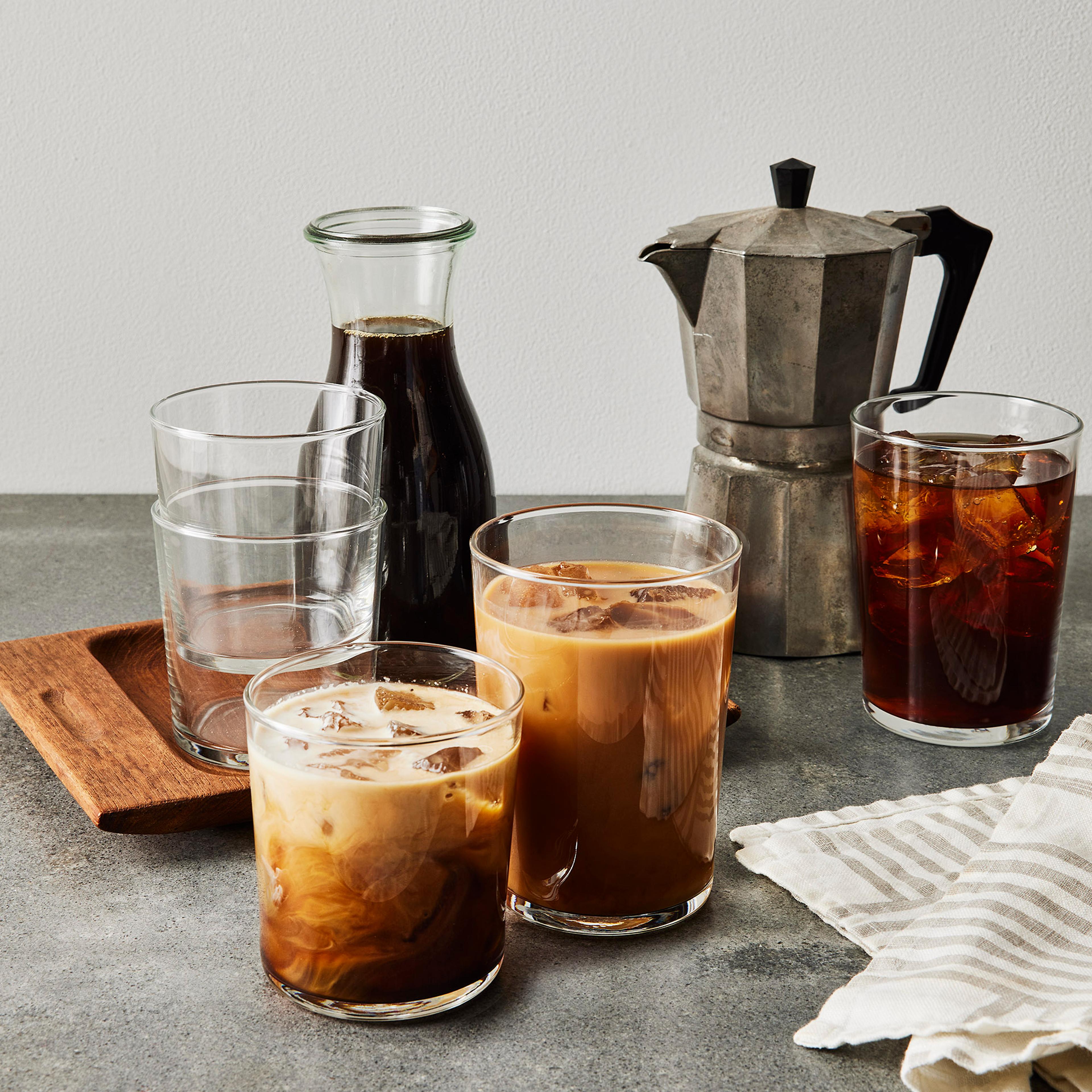 clear glasses with iced coffee