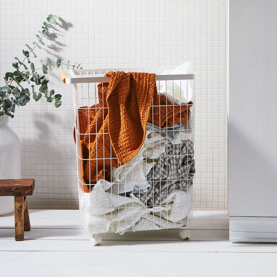 Steel & Wood Slim Rolling Laundry Basket